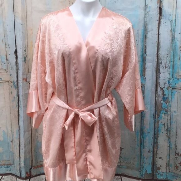 Victorias Secret Gold Label Womans Large Peach Satin Night Gown Robe OS Set Lace